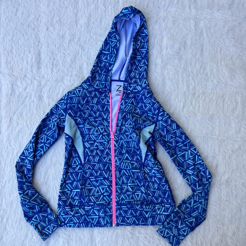 Zella Girl Zip Up Hoodie Lightweight Blue Triangle Pattern Size Girls Large